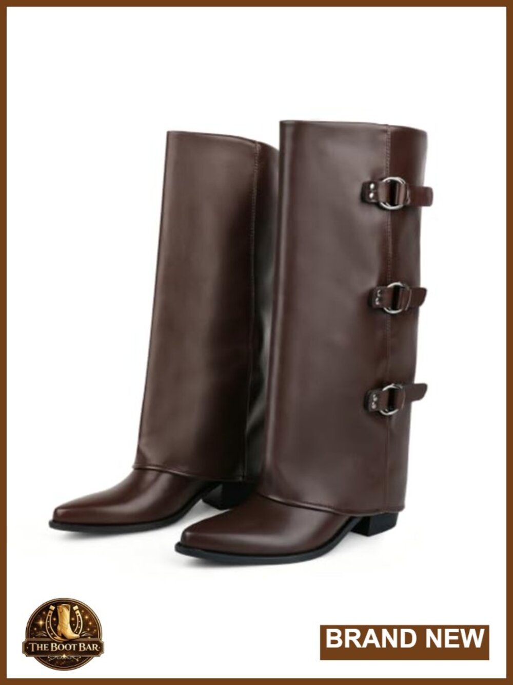 Faux Leather Knee High Slouch Boots Triple Buckle Pointed Toe